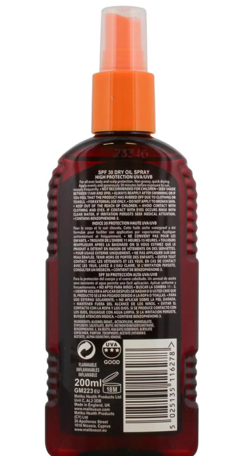 SPF 30 Non-Greasy Dry Oil Spray, High Protection, Water Resistant